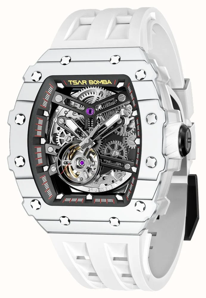 萬年鐘錶 - TSAR BOMBA 機械公爵 碳纖維錶框白色氟矽膠錶帶機械透視機芯男錶  TB8208CF-05  錶徑 43.5MM