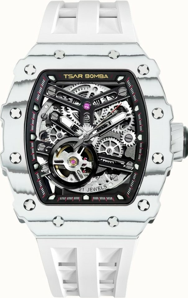 萬年鐘錶 - TSAR BOMBA 機械公爵 碳纖維錶框白色氟矽膠錶帶機械透視機芯男錶  TB8208CF-05  錶徑 43.5MM
