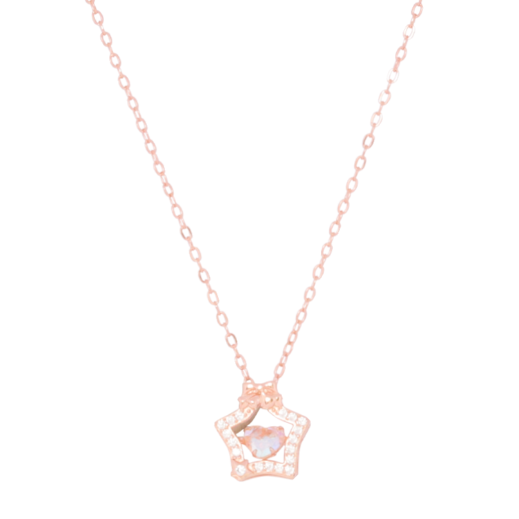 純銀項鍊，女士項鍊 璀璨星辰 躍動心間；鏤空星星搭配靈動閃耀心型鋯石（3982玫瑰金）