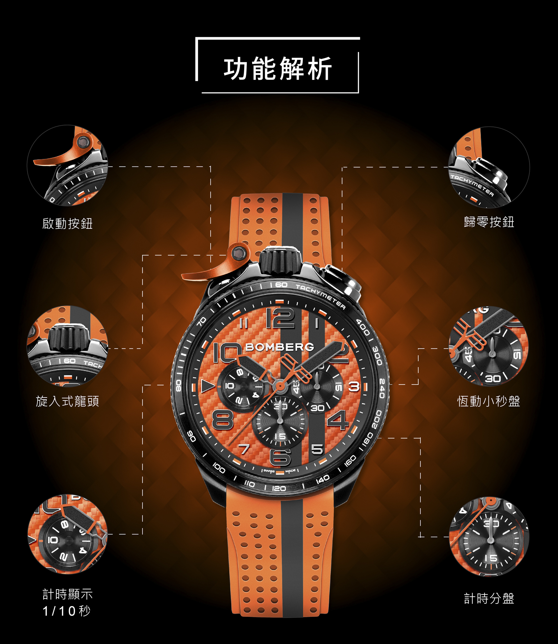 BOMERG炸彈錶 BOLT-68 Racing系列 烈焰橘賽車計時碼錶烈焰橘賽車計時碼錶