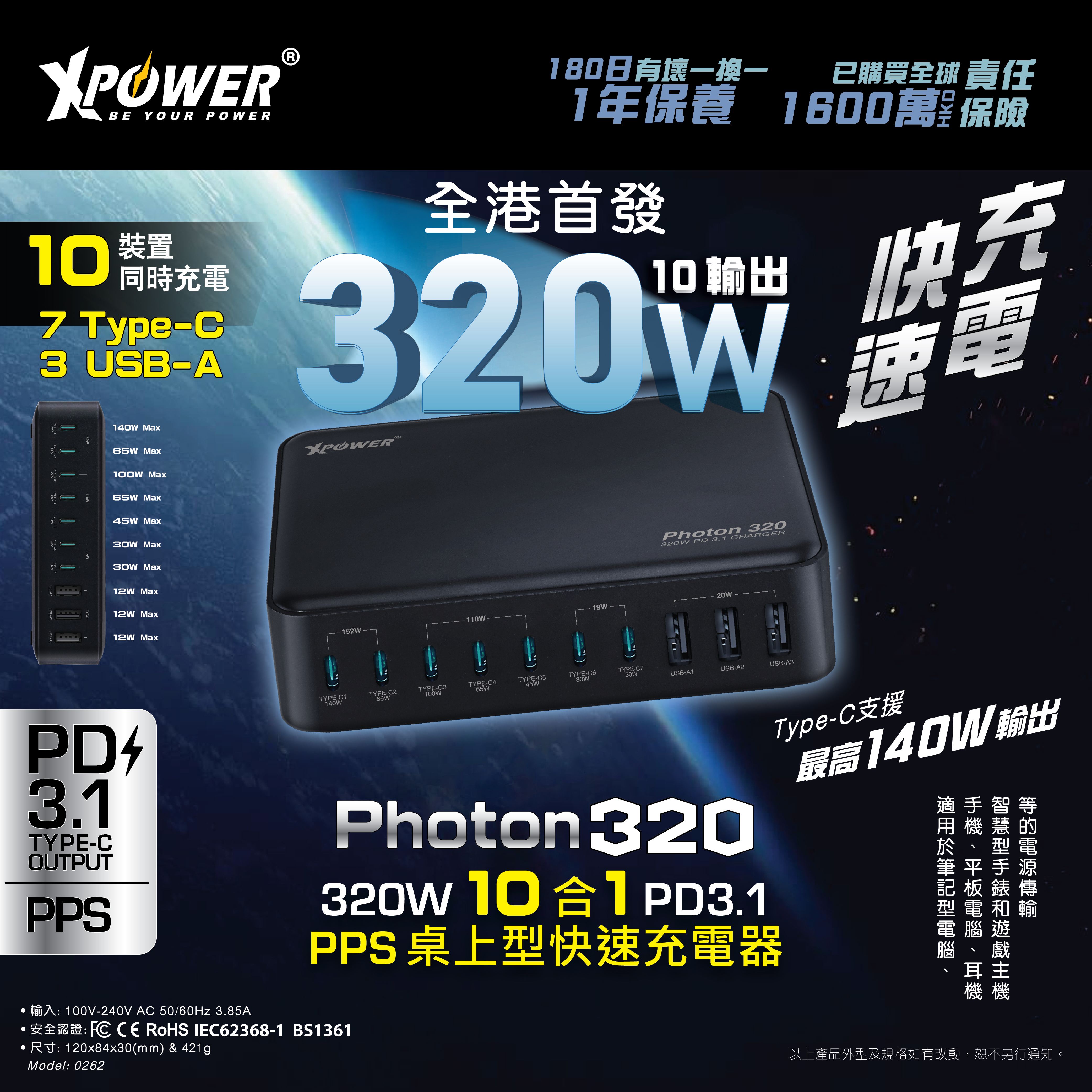 XPower PHOTON 320 320W 10 合 1  PD3.1/PPS 桌上型快速充電器