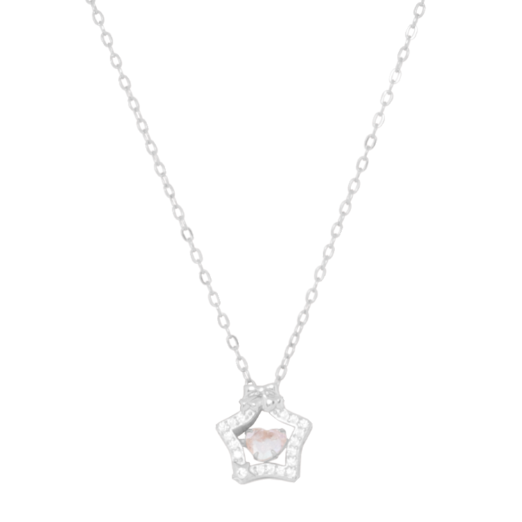 純銀項鍊，女士項鍊 璀璨星辰 躍動心間；鏤空星星搭配靈動閃耀心型鋯石（3982銀色）