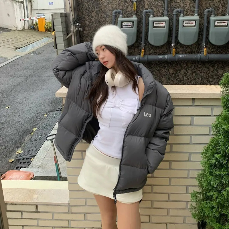 韓國限定 Lee ins 博主同款 經典小標 麵包 四格 寬鬆 保暖 黑色 灰色 米色 立領 羽絨外套