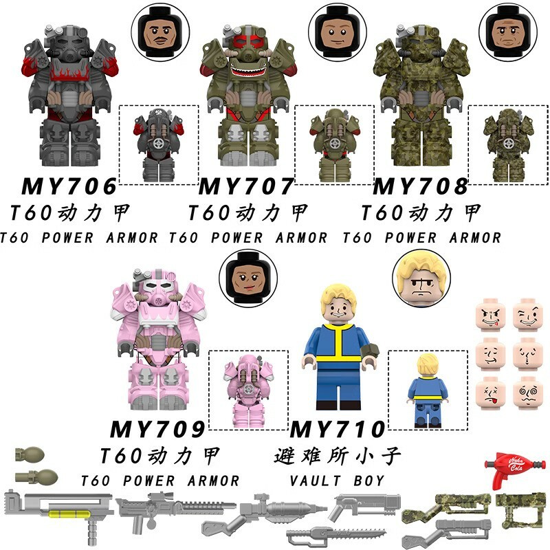 5 PCS / LOT Vault Boy T60 Power Armor Fallout Custom Minifigures Minifigs Fit Lego MY706-MY710
