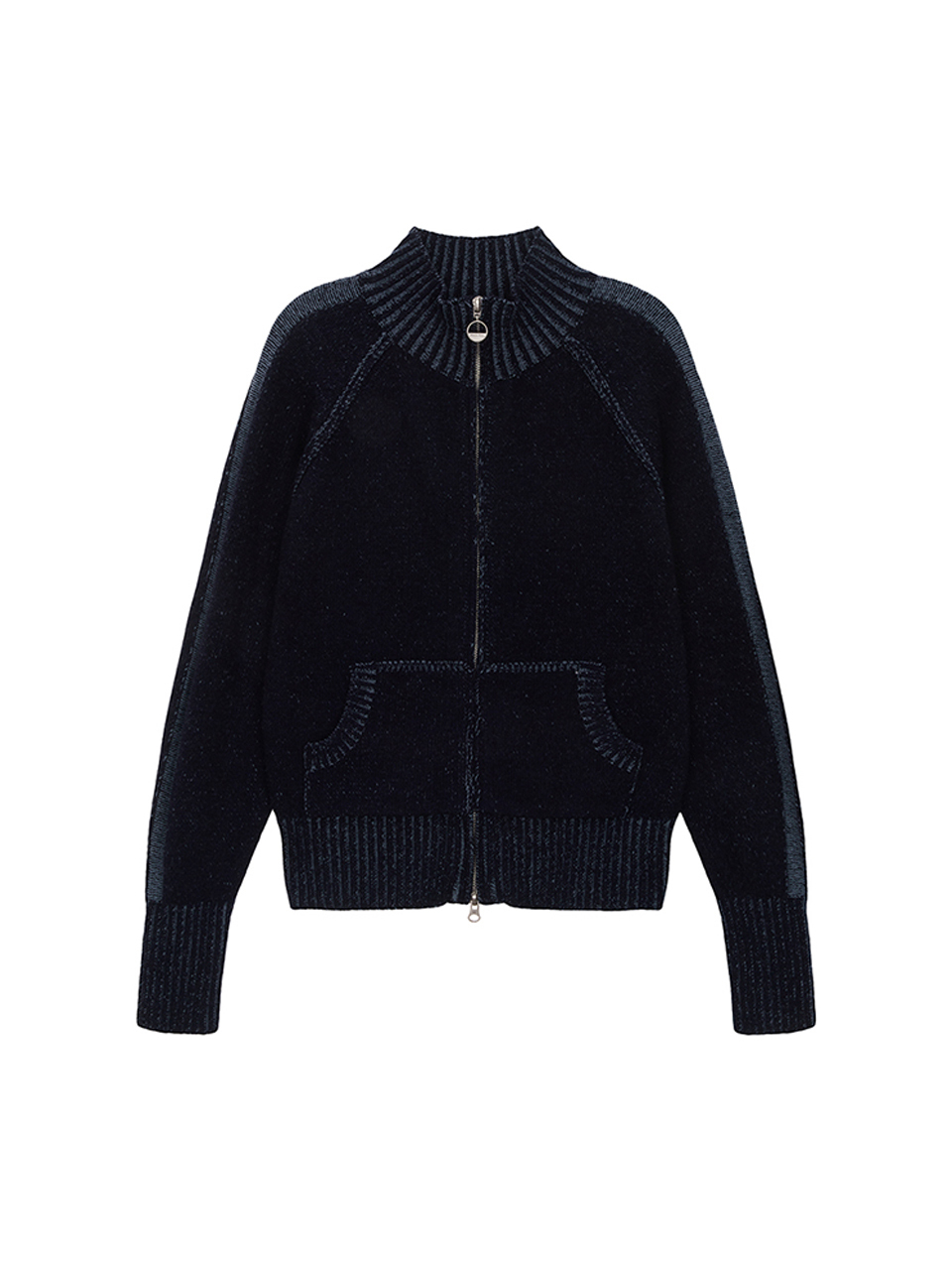 雙色拼接針織拉鏈外套女款 海軍藍