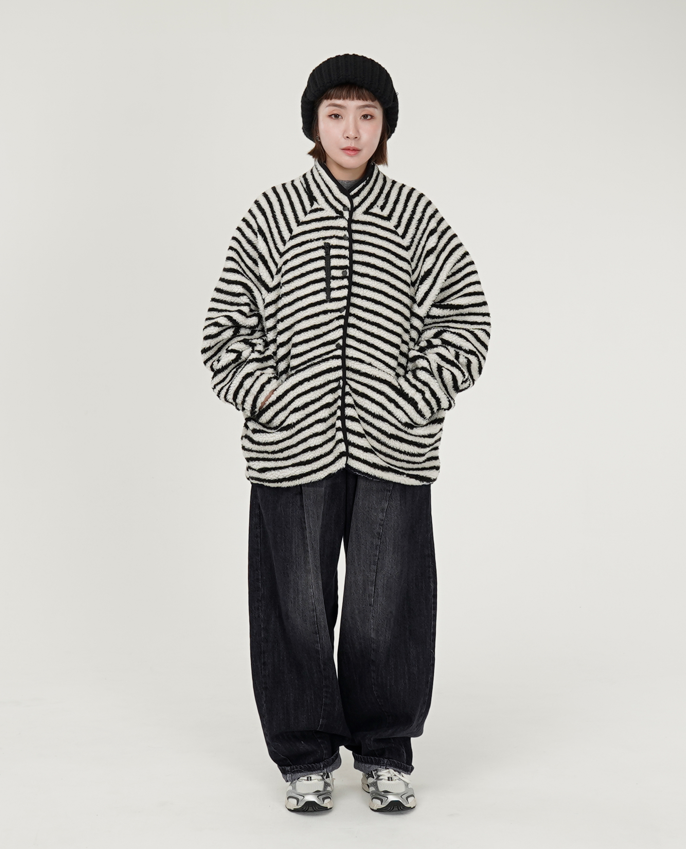 立領抓絨條紋外套