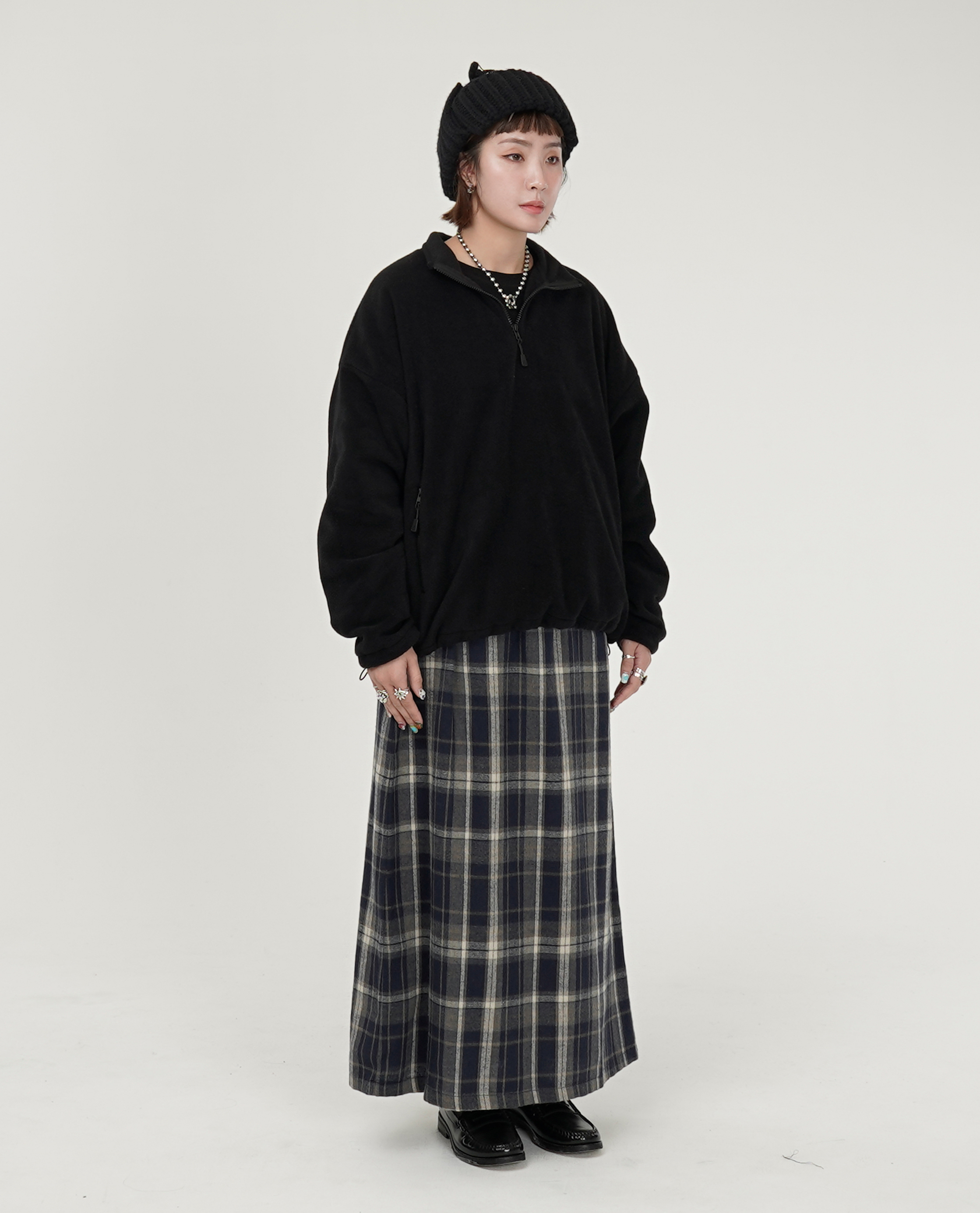 腰可調格紋長裙