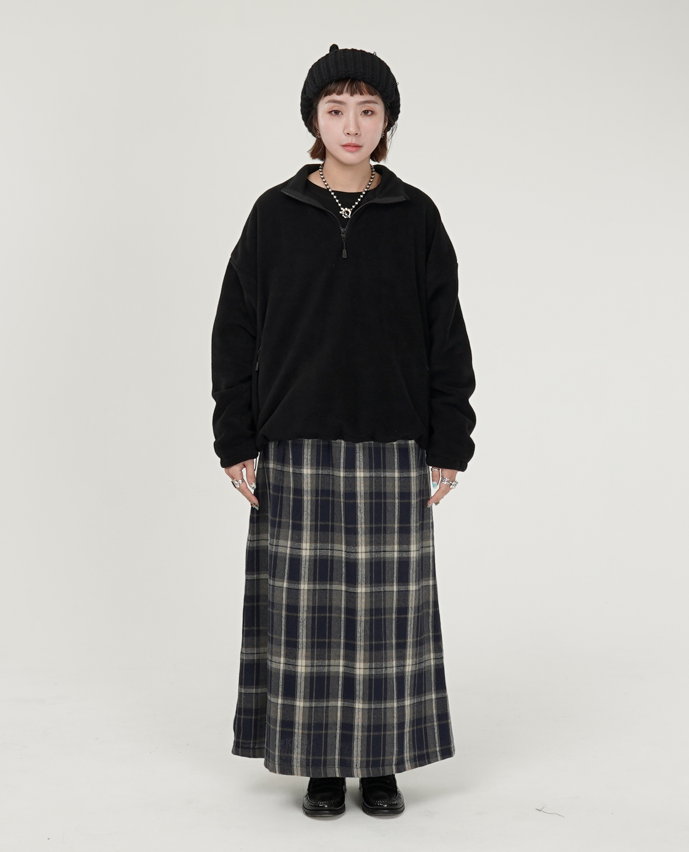 腰可調格紋長裙