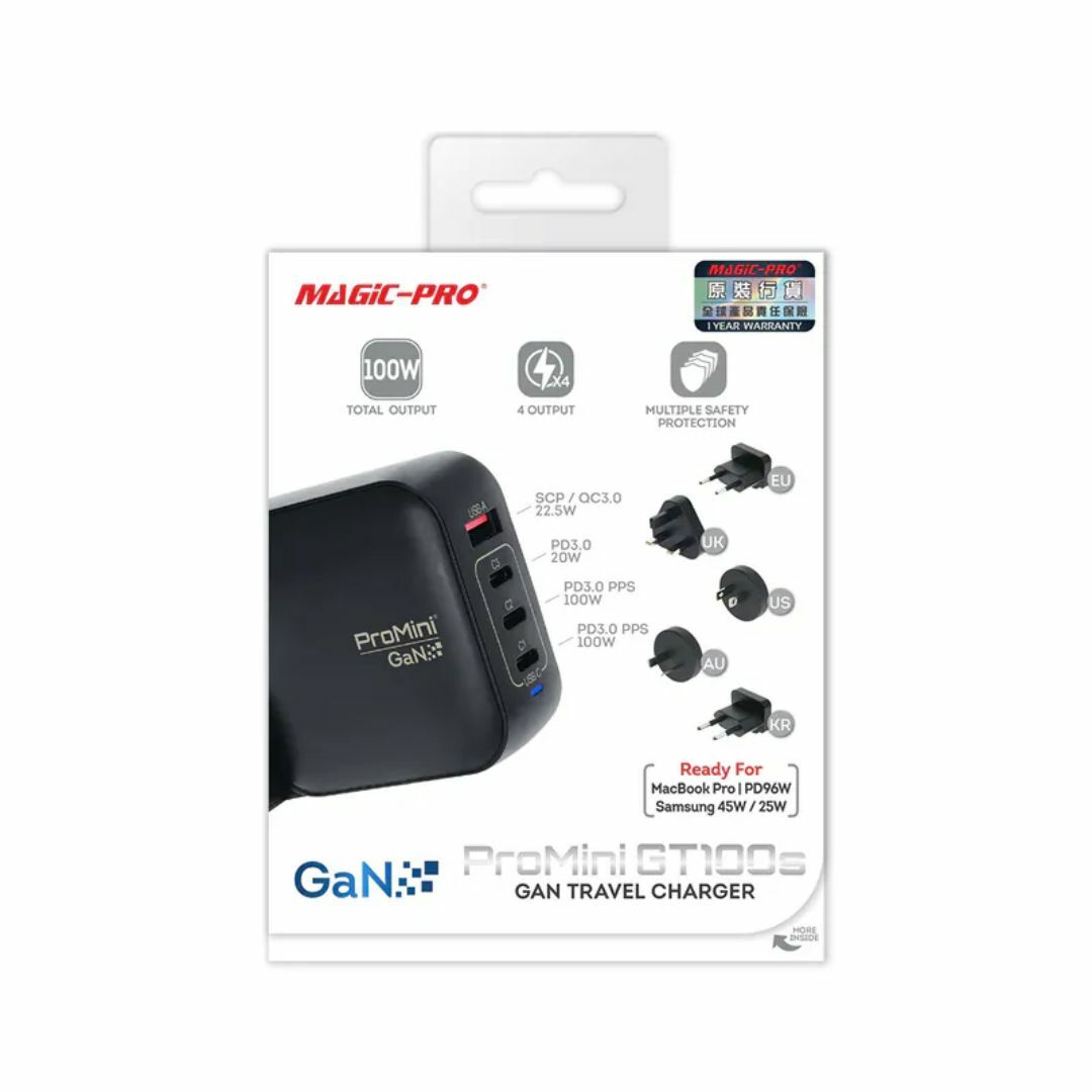 ProMini GT100s Tri-PD + QC GaN 100W 旅行快速充電器