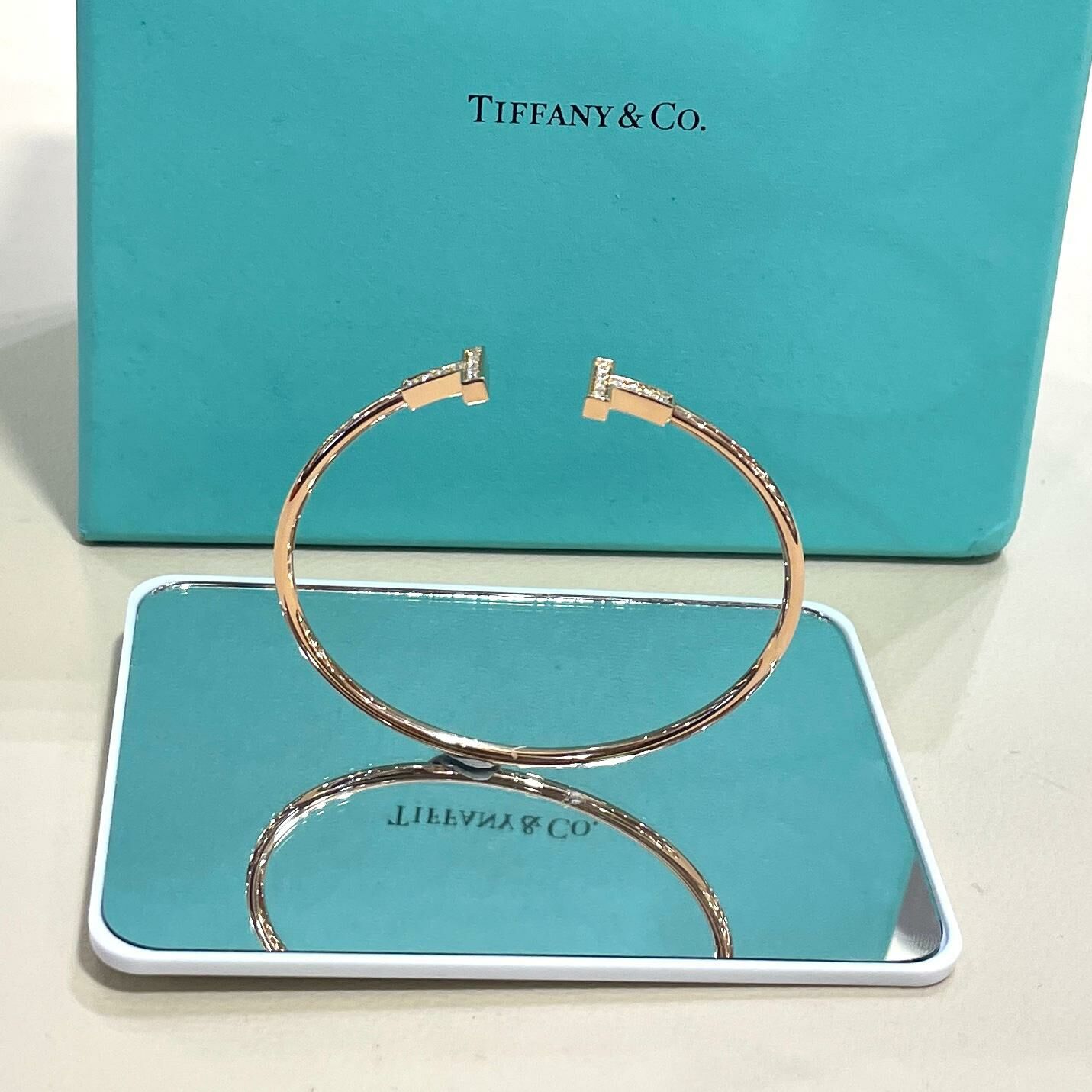 99%NEW二手TIFFANY&CO手鐲 中號 鑽石線圈18K玫瑰金 T WIRE DIAMOND 18K ROSE GOLD #香榭站正品