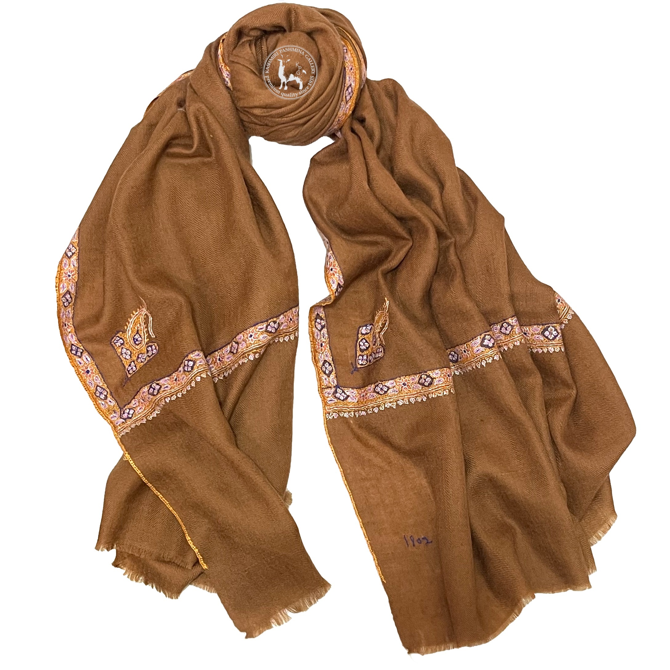 啡色喀什米爾山羊絨邊緣刺繡披肩圍巾