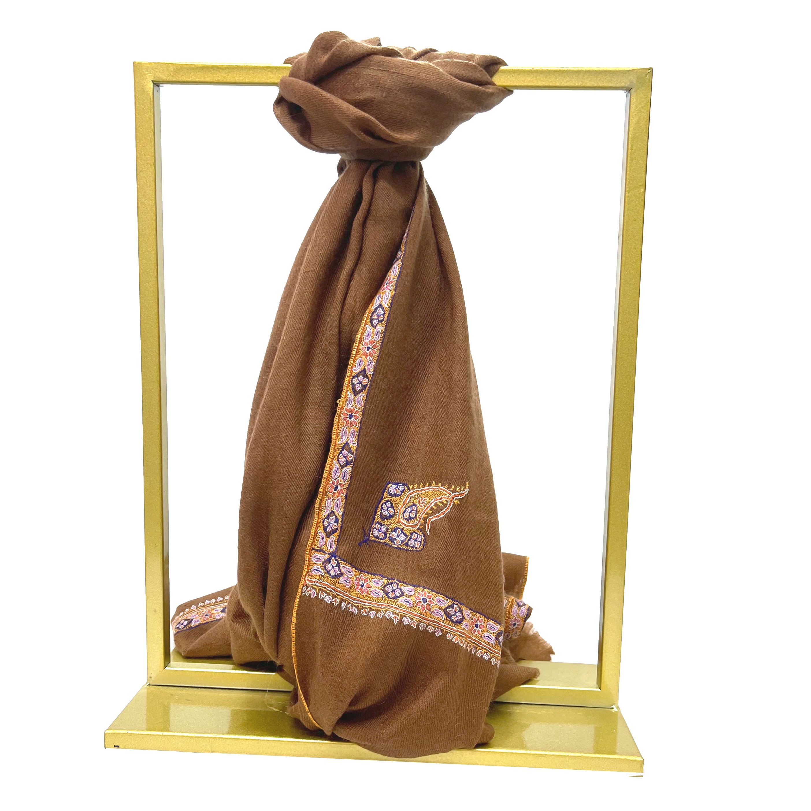 啡色喀什米爾山羊絨邊緣刺繡披肩圍巾