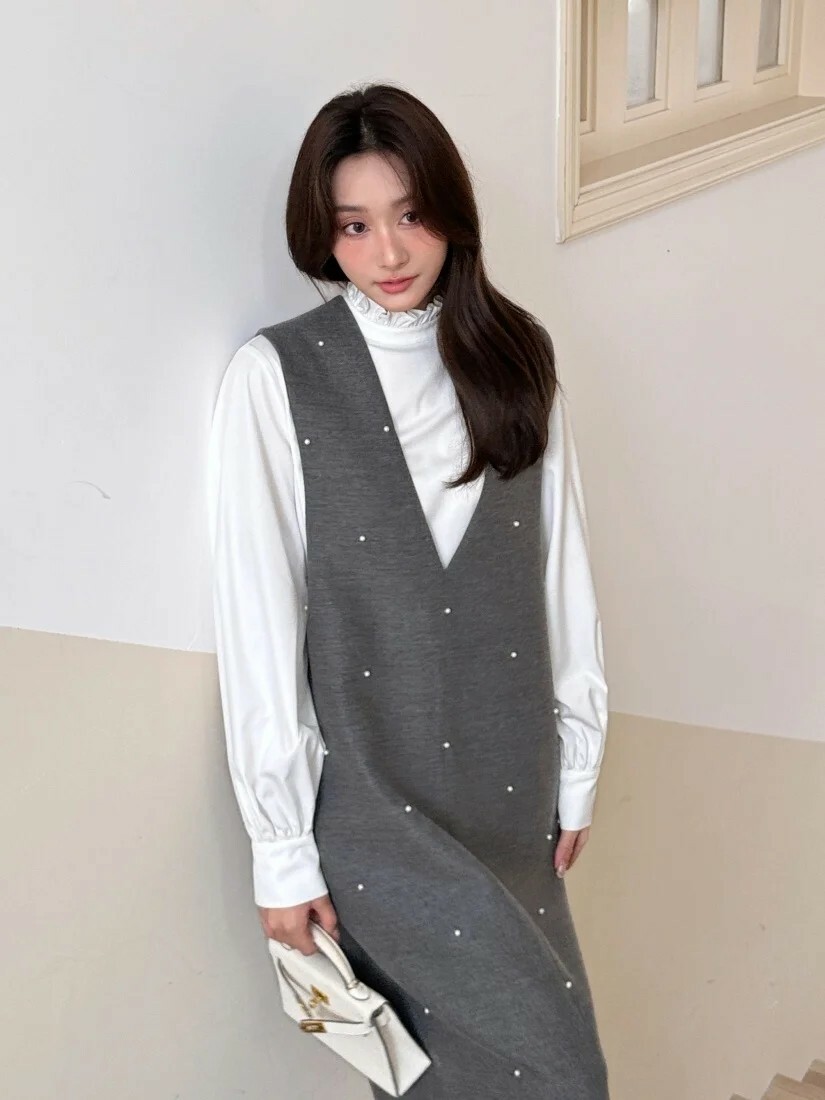 質感灰立體珍珠V領背心裙長洋裝-F (Elegant & Love)