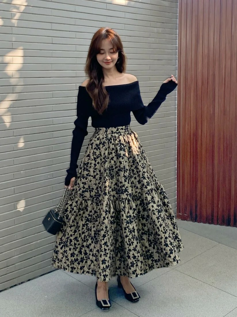 配色花卉圖騰高腰A字傘擺長裙S-L (Elegant & Love)