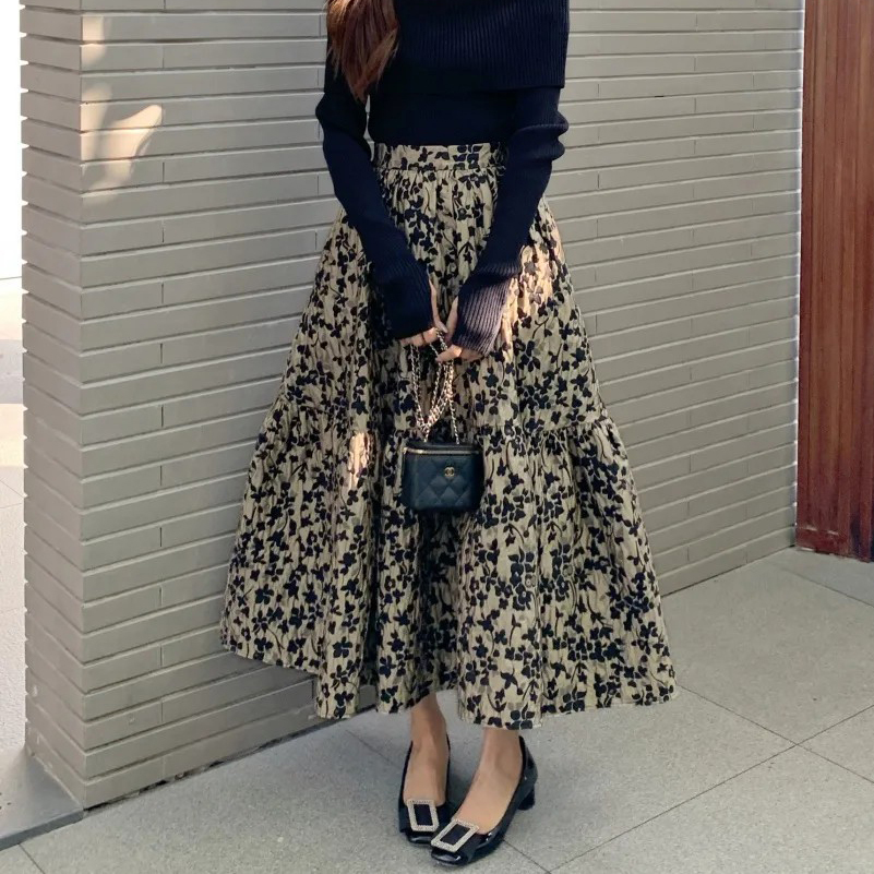 配色花卉圖騰高腰A字傘擺長裙S-L (Elegant & Love)