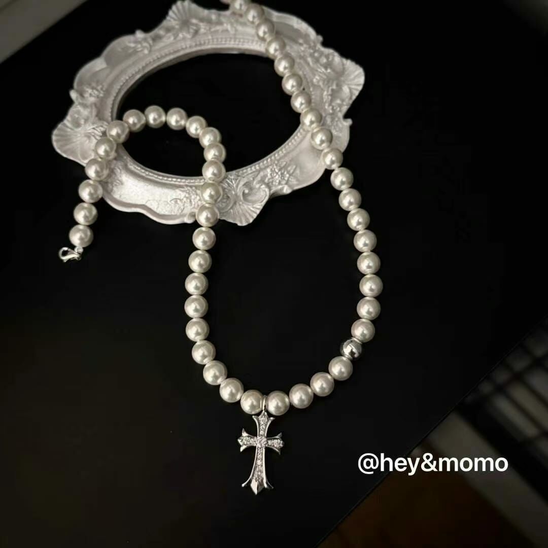 HM3401 ⚪️925 銀 正反雙面施華洛鑽十字架 珍珠個性項鍊