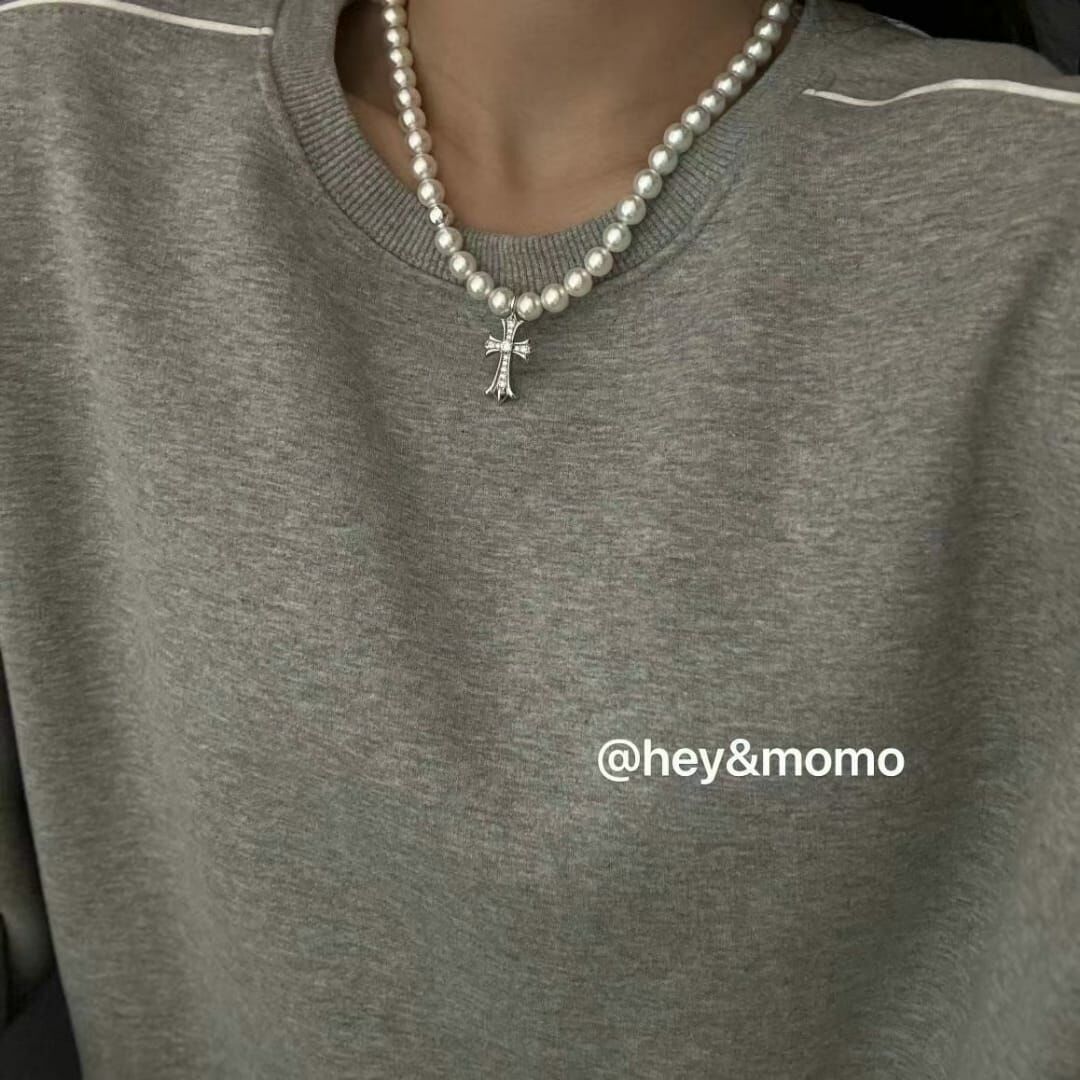 HM3401 ⚪️925 銀 正反雙面施華洛鑽十字架 珍珠個性項鍊