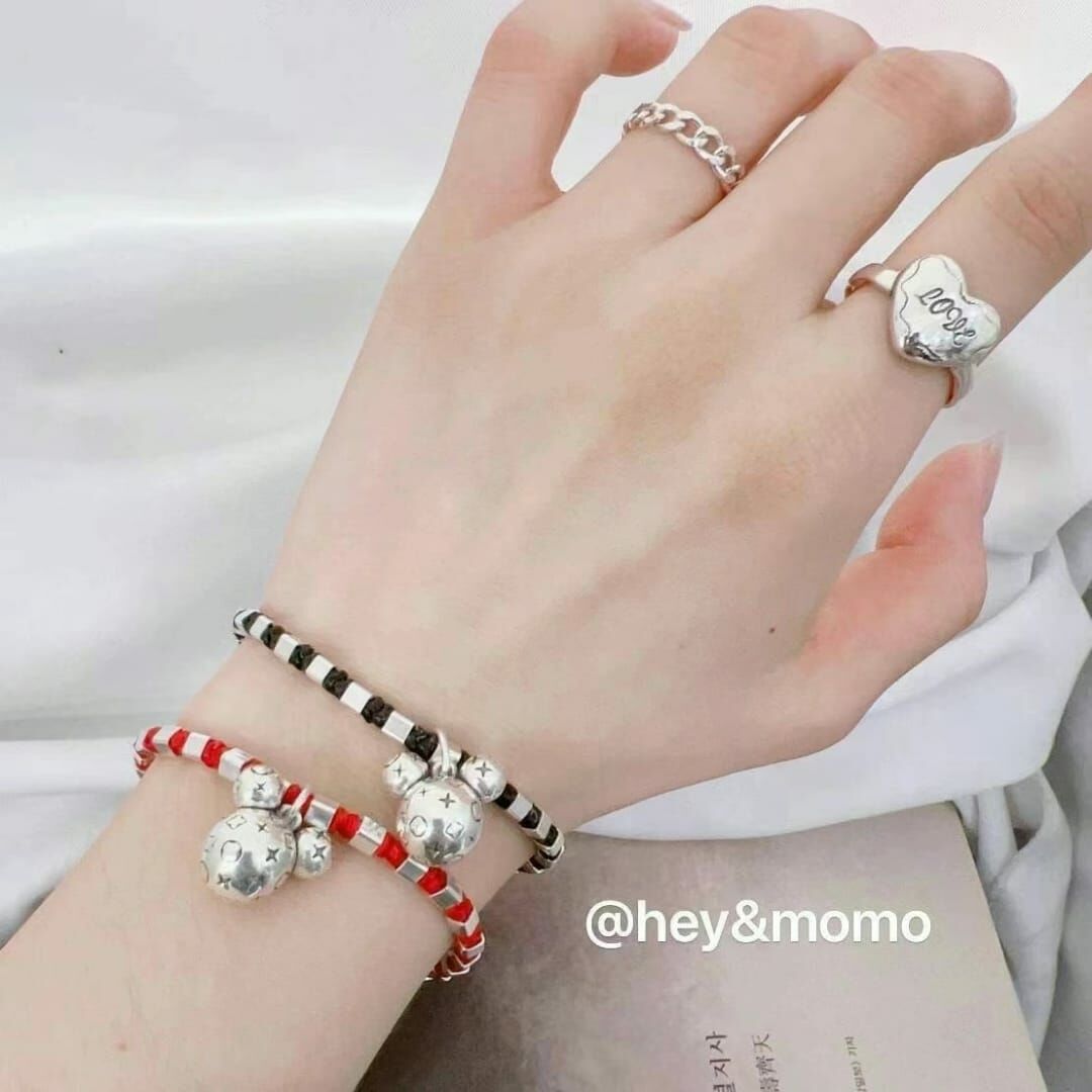 HM3403 ⚪️925 銀 銀塊➕米奇頭吊墜 蜜蠟繩手鍊