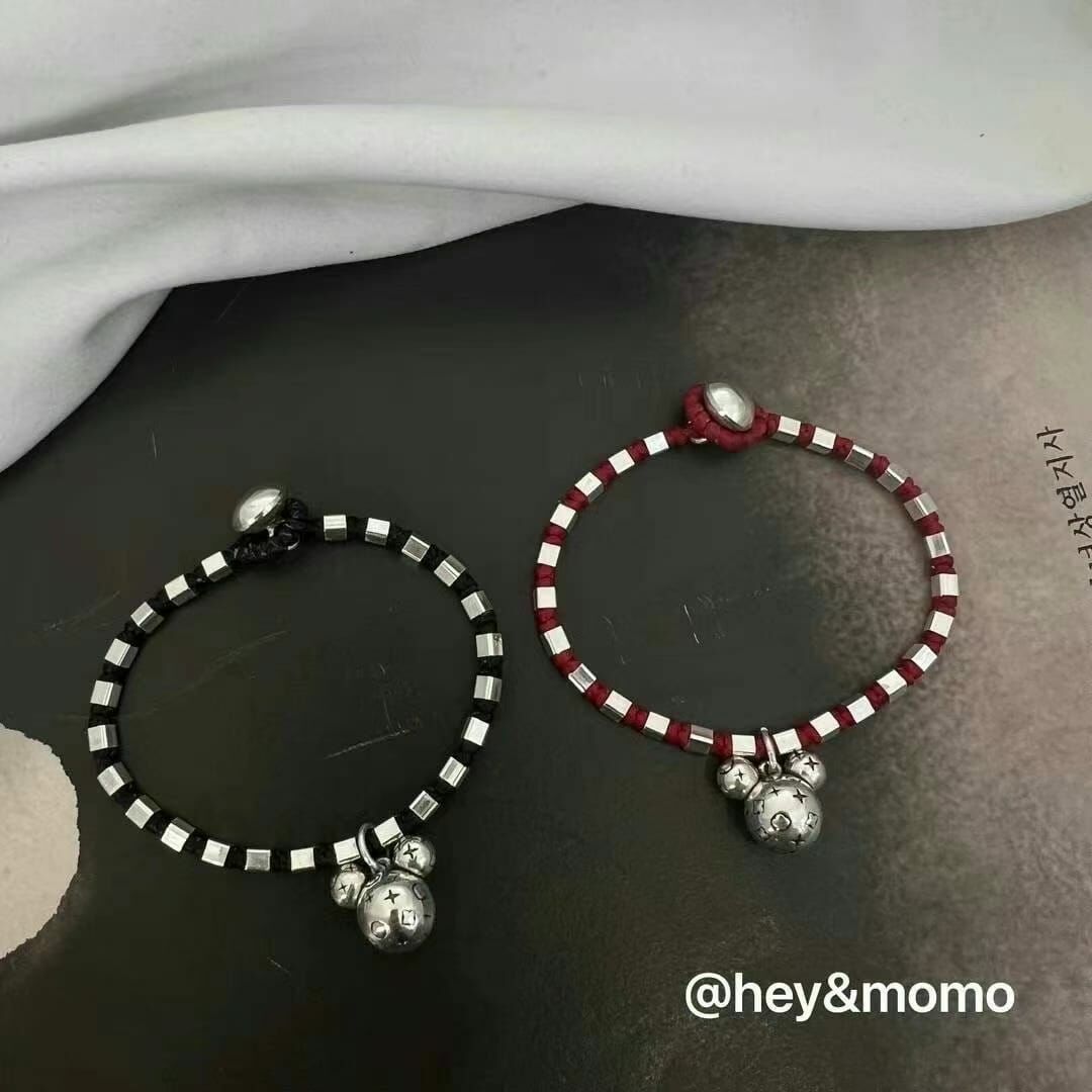 HM3403 ⚪️925 銀 銀塊➕米奇頭吊墜 蜜蠟繩手鍊