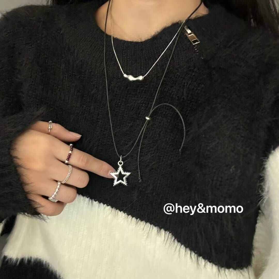 HM3406 ⚪️925 銀 鏤空五角星吊墜 絲綢繩抽拉項鍊