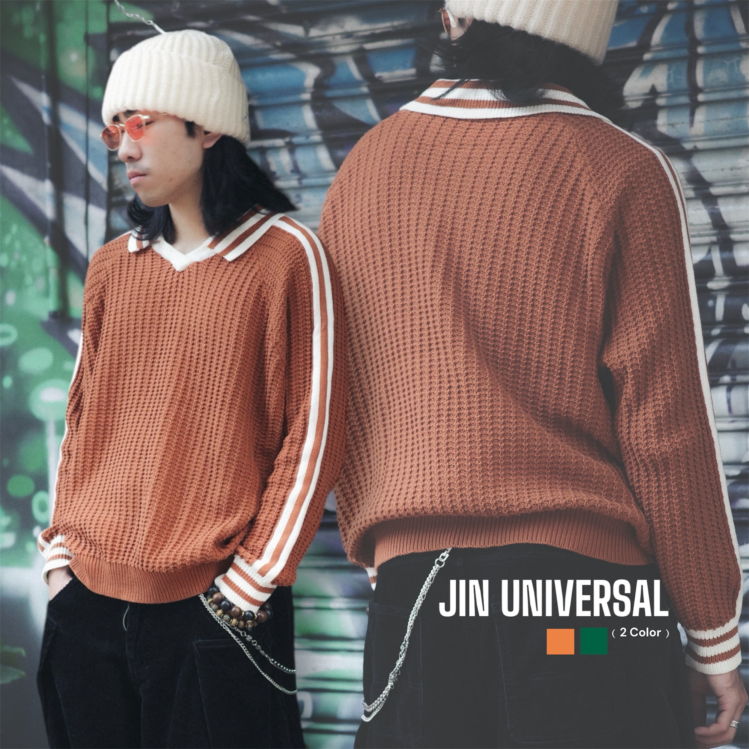 JIN UNIVERSAL🇰🇷翻領線條粗針織螺紋長袖上衣