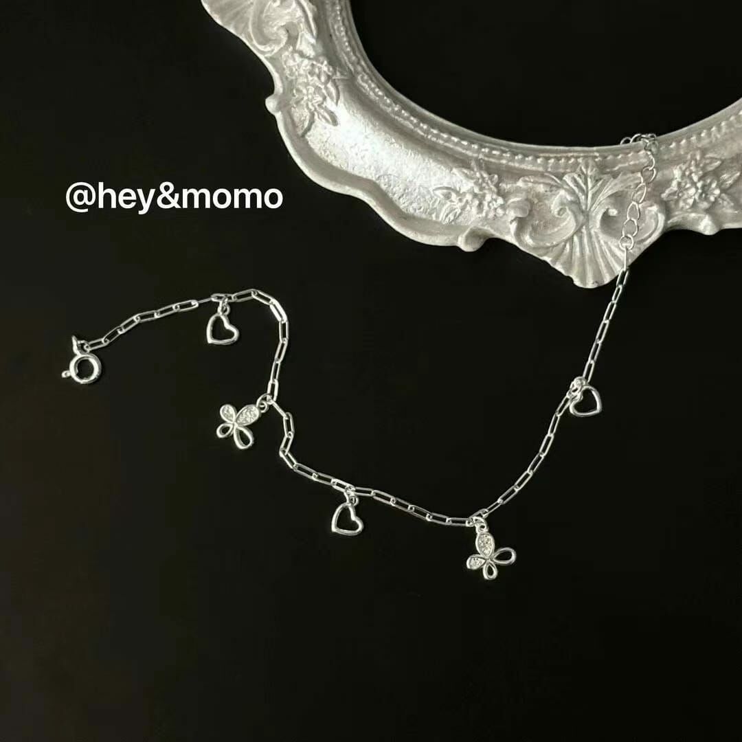 HM3411 ⚪️925 銀 微鑲鑽蝴蝶結➕鏤空愛心 流蘇手鍊