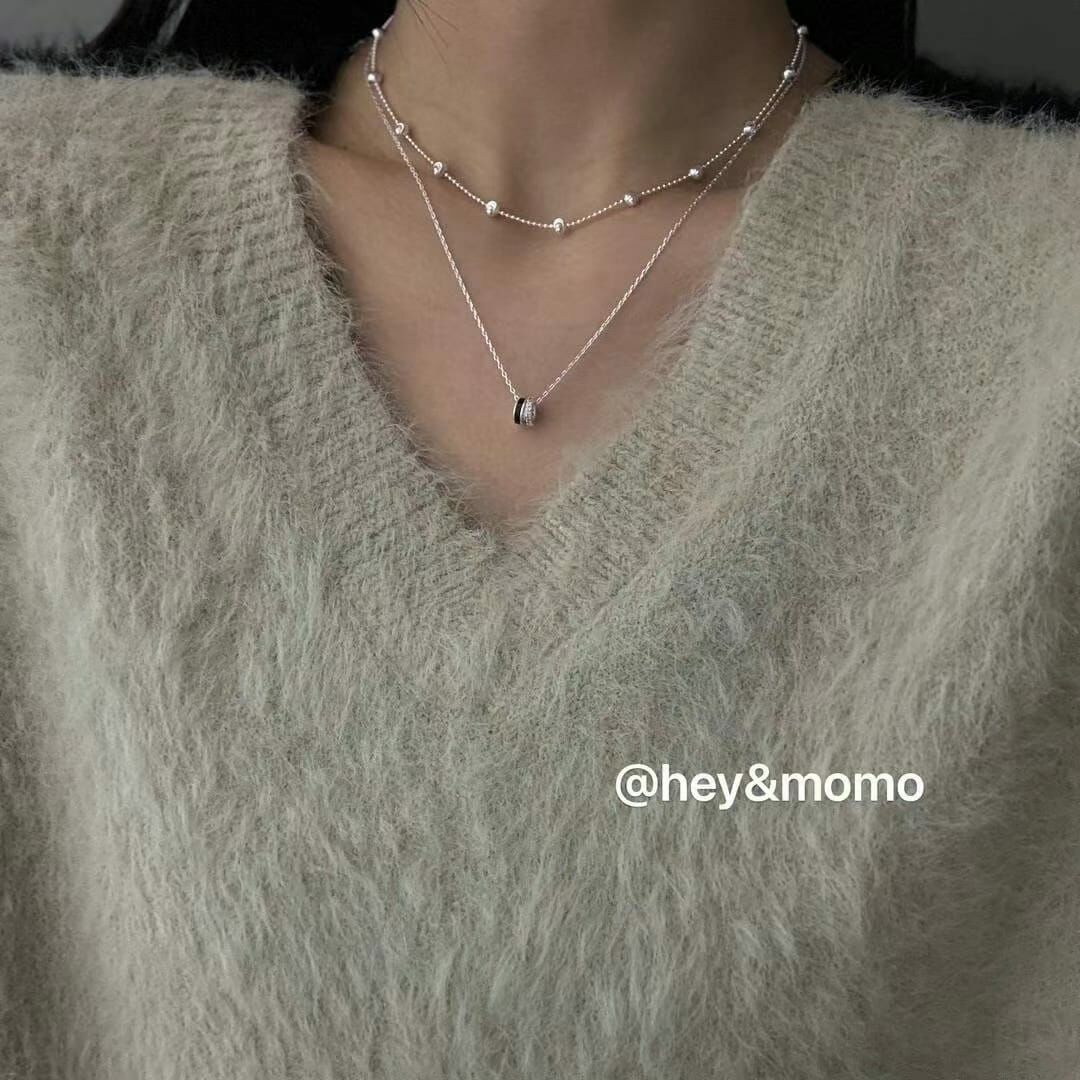 HM3412 ⚪️925 銀 黑釉➕滿鑽 雙轉運圈簡約項鍊