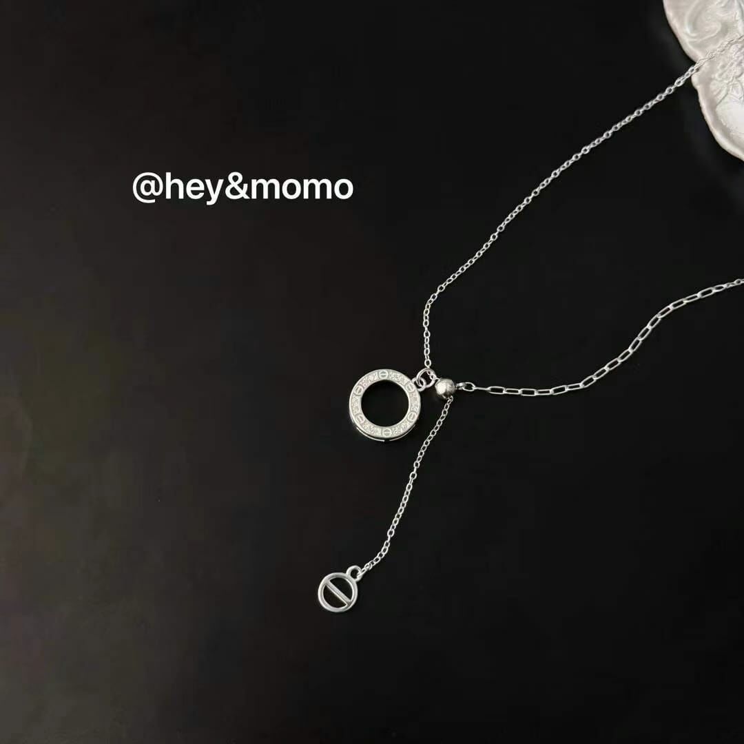 HM3417 925 銀 微鑲鑽圓餅 Y字抽拉項鍊