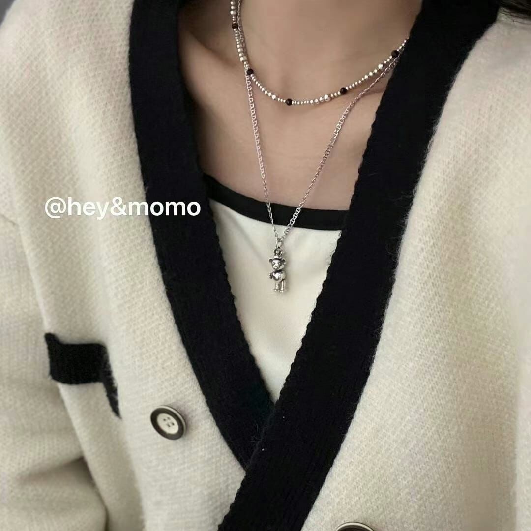 HM3421 ⚪️925 銀 豬鼻鏈➕扭動小熊吊墜 項鍊