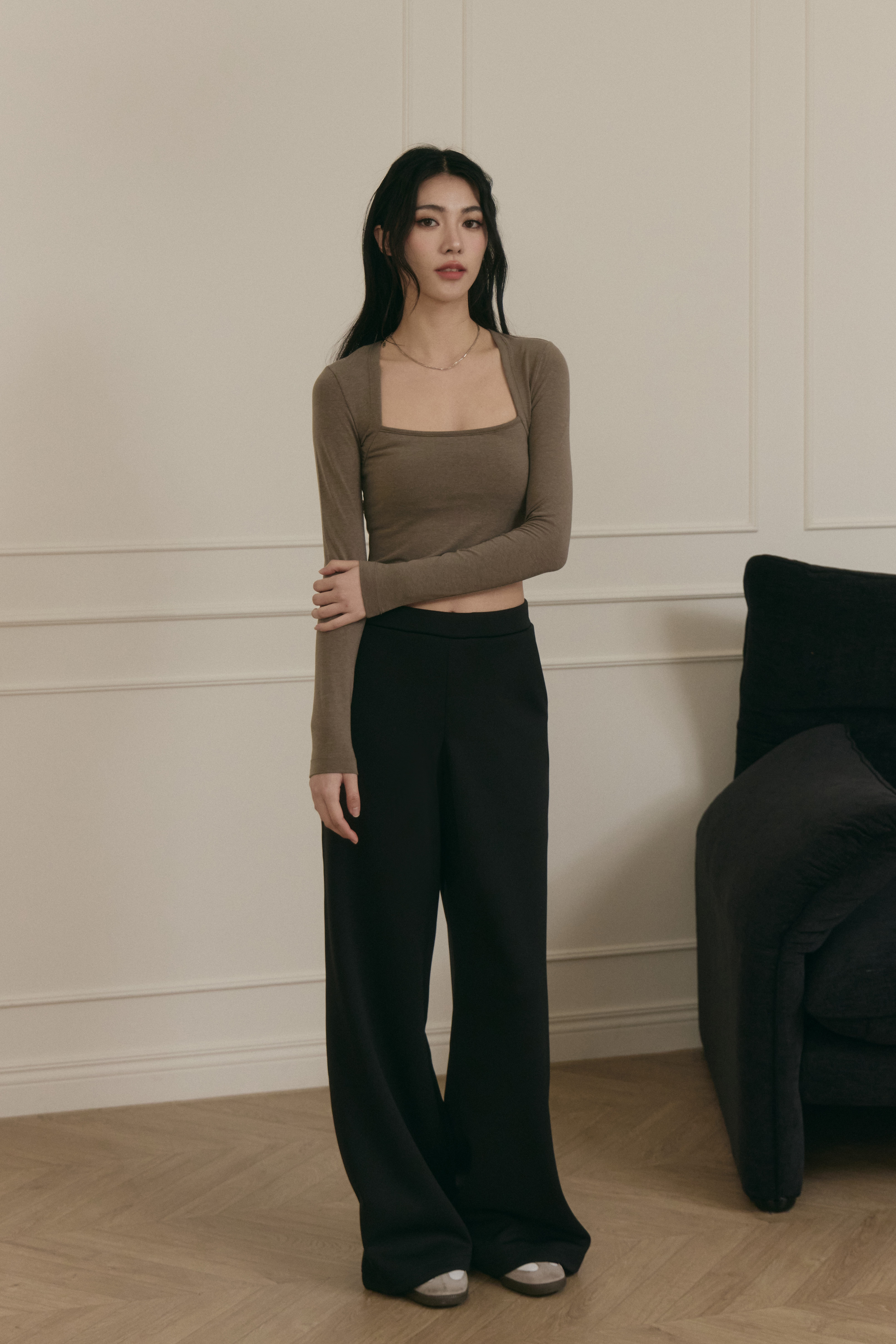 氣質前打摺落地長褲- 黑