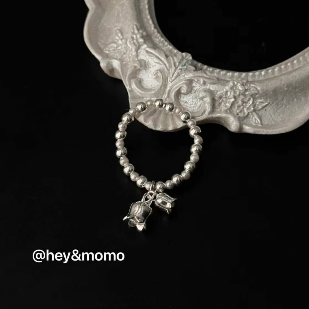 HM3431 925 銀 鈴蘭花吊墜彈性繩戒指