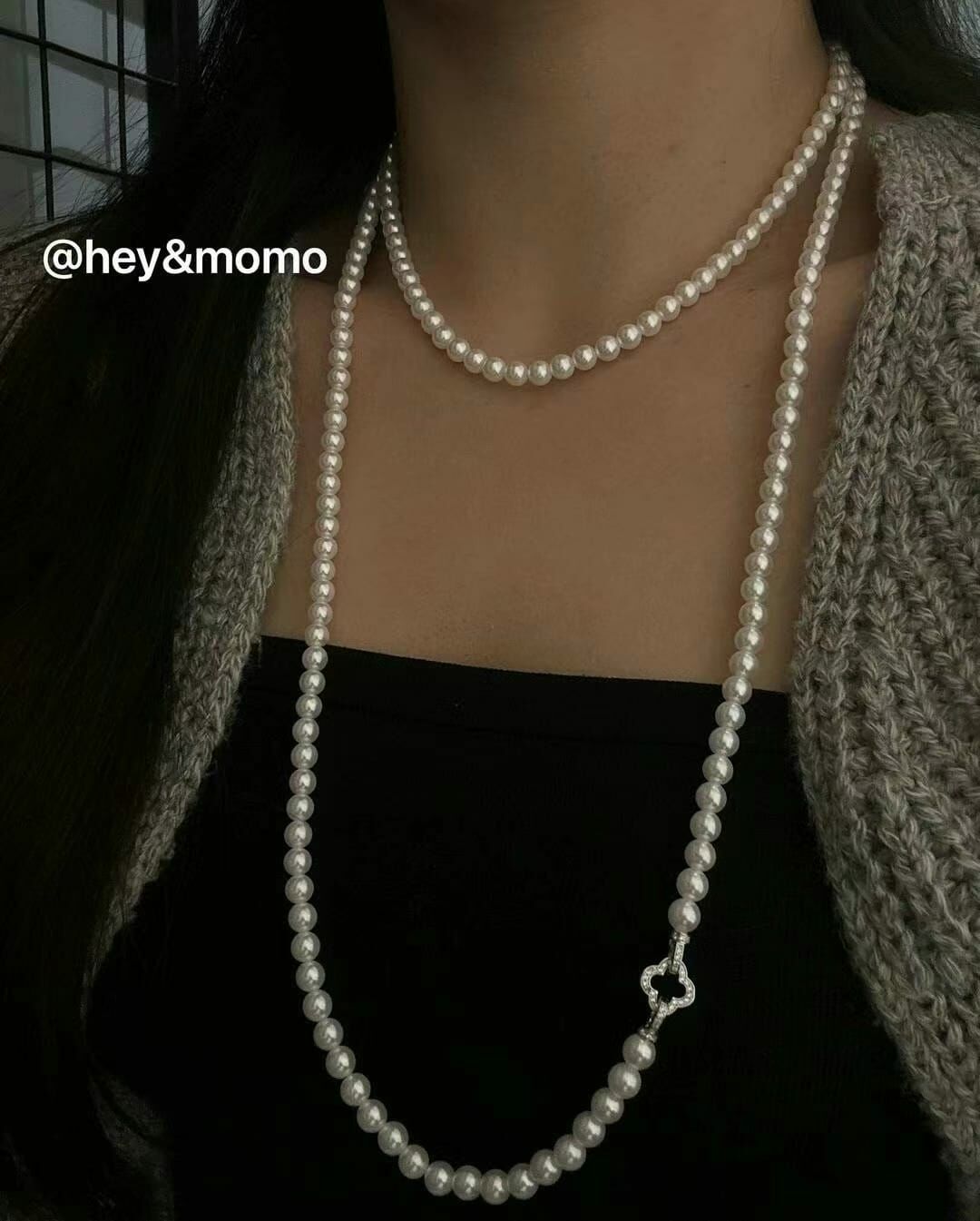 HM3433 925 銀 珍珠鏤空鑲鑽四葉草項鍊