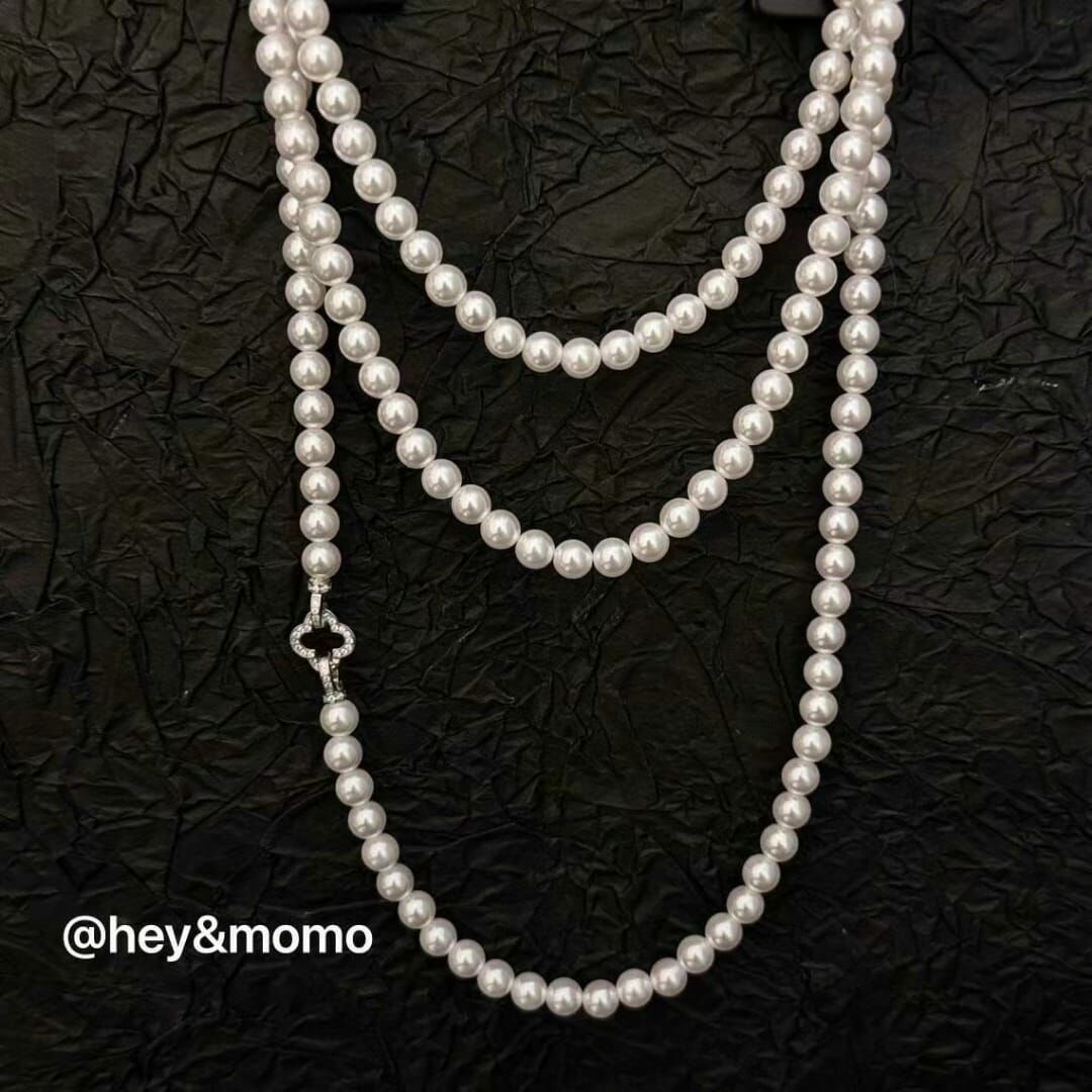 HM3433 925 銀 珍珠鏤空鑲鑽四葉草項鍊