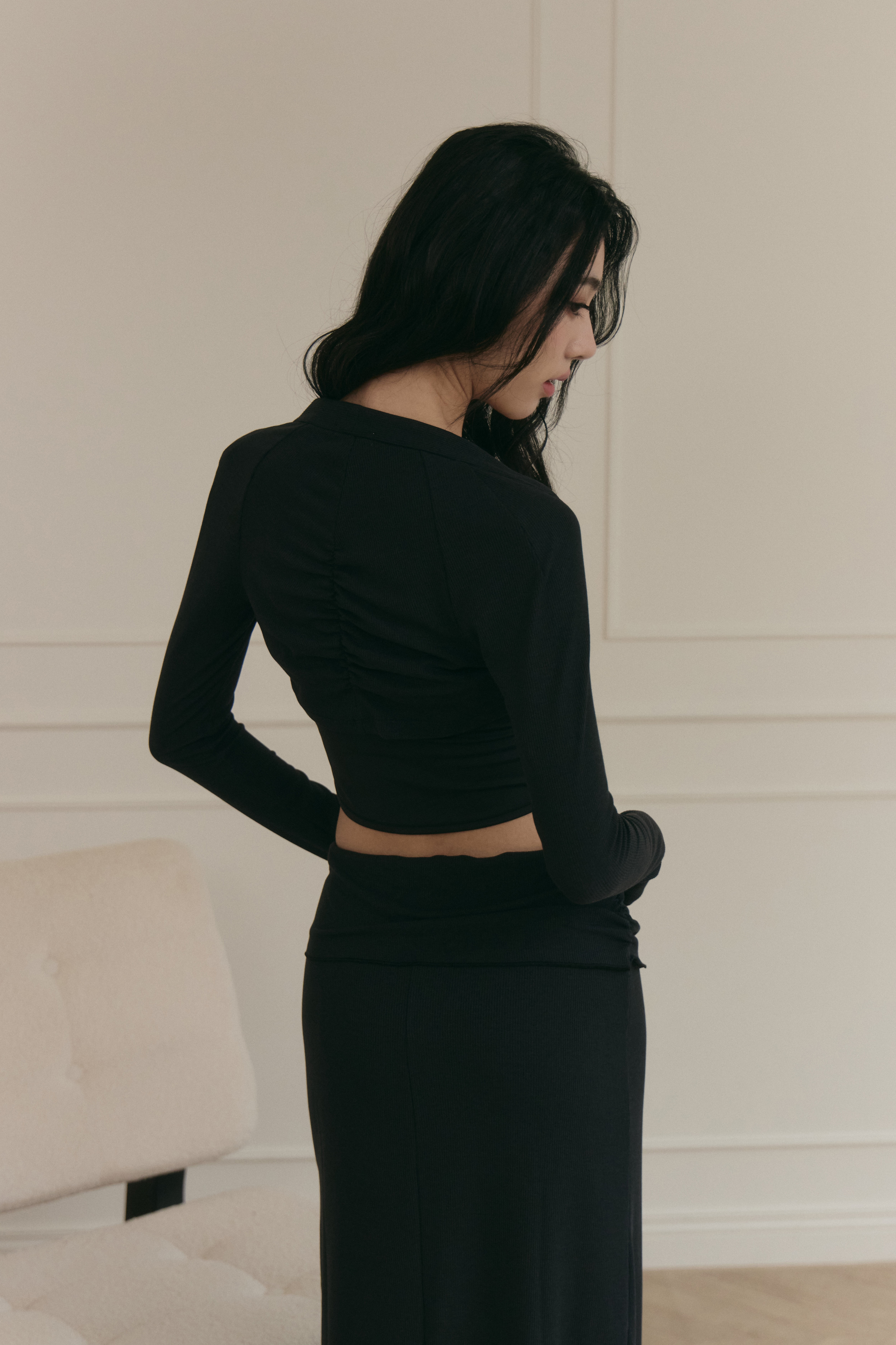 後抽皺坎肩小罩衫- 黑