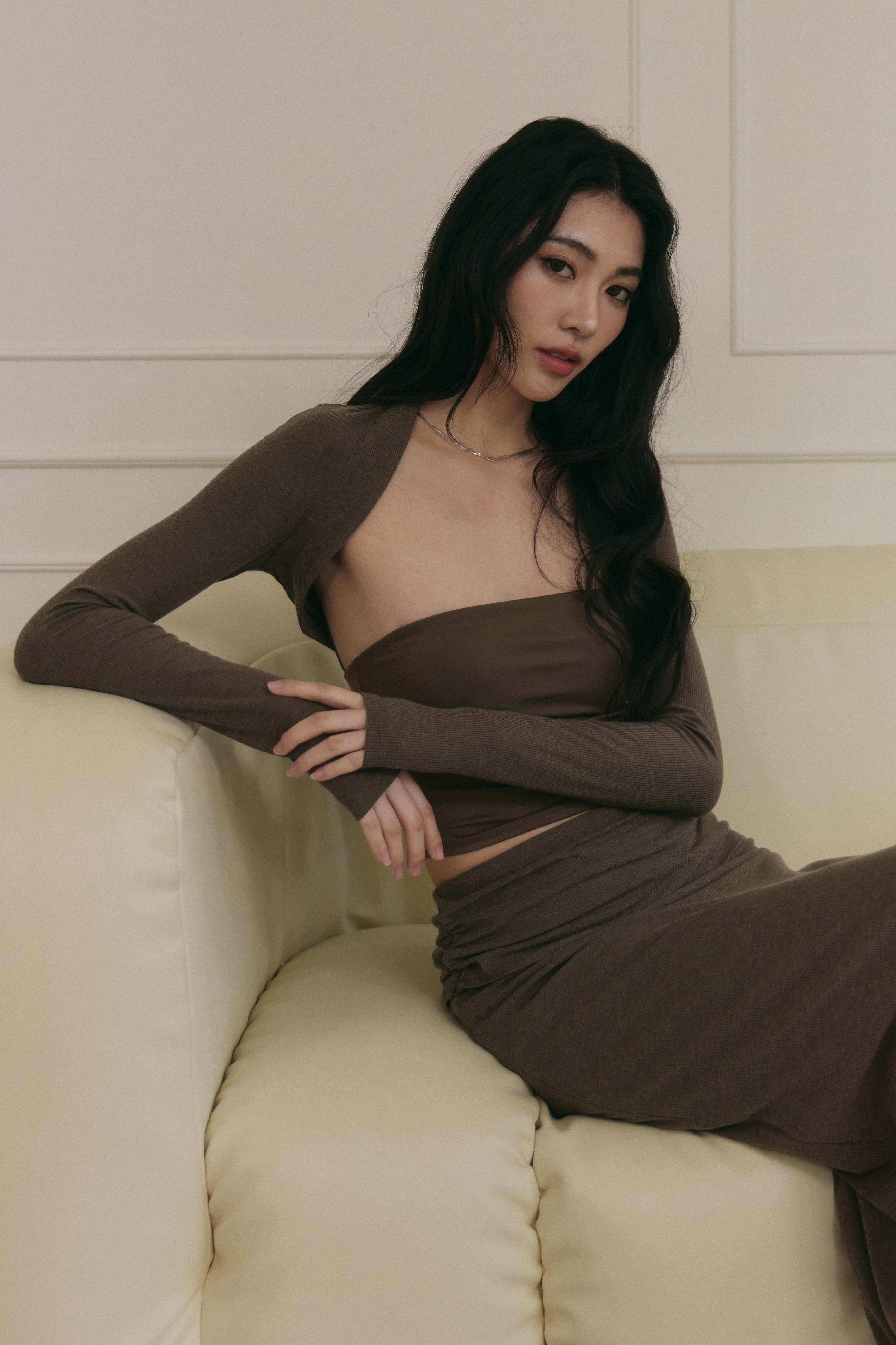 後抽皺坎肩小罩衫- 咖啡