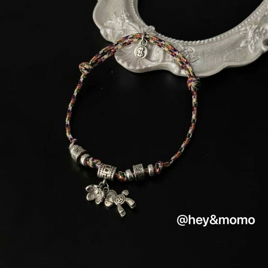 HM3435 ⚪️925 銀 重工馬上有錢花彩繩抽拉手鍊
