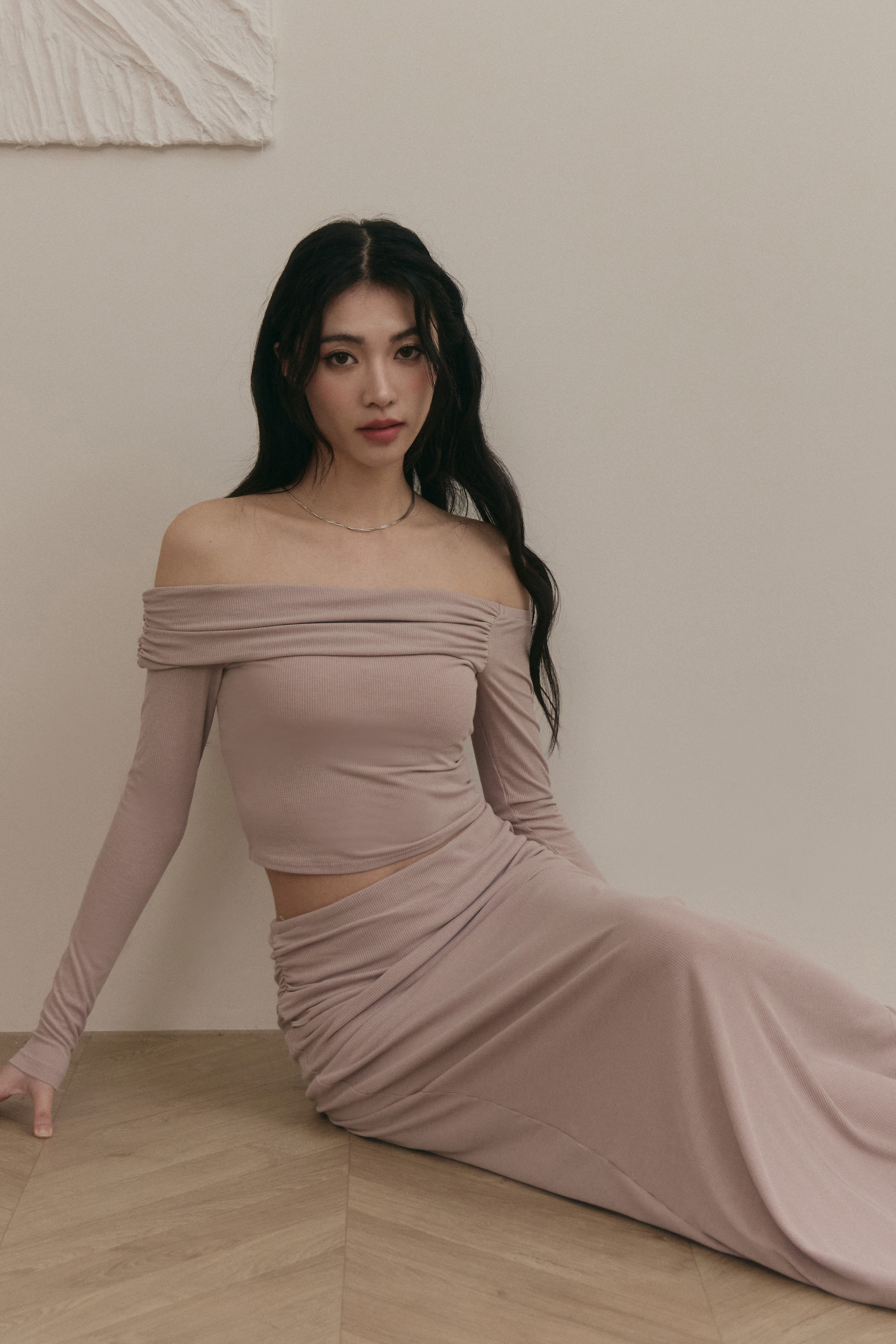 不對稱一字領 BRA TOP上衣- 粉