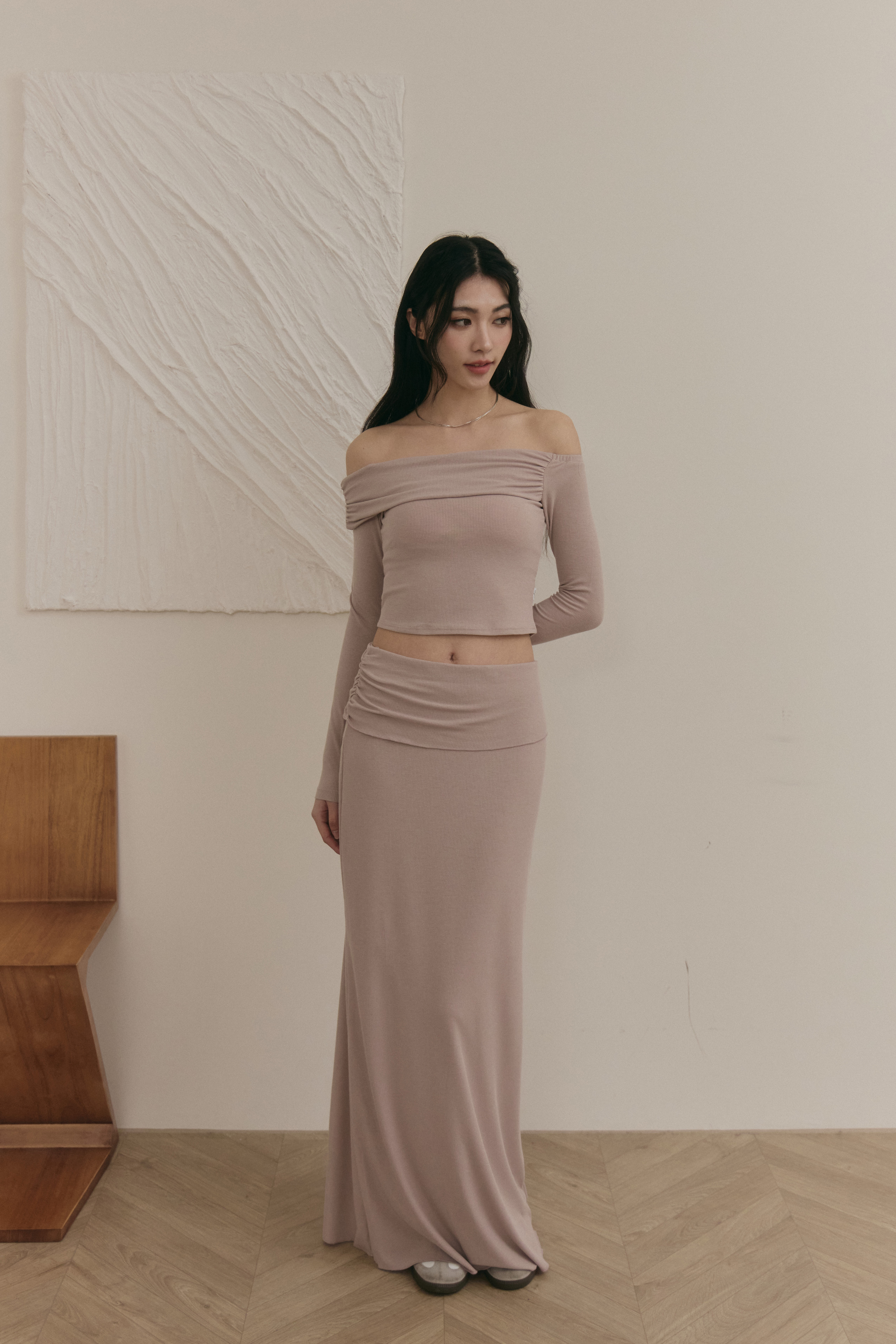 不對稱一字領 BRA TOP上衣- 粉