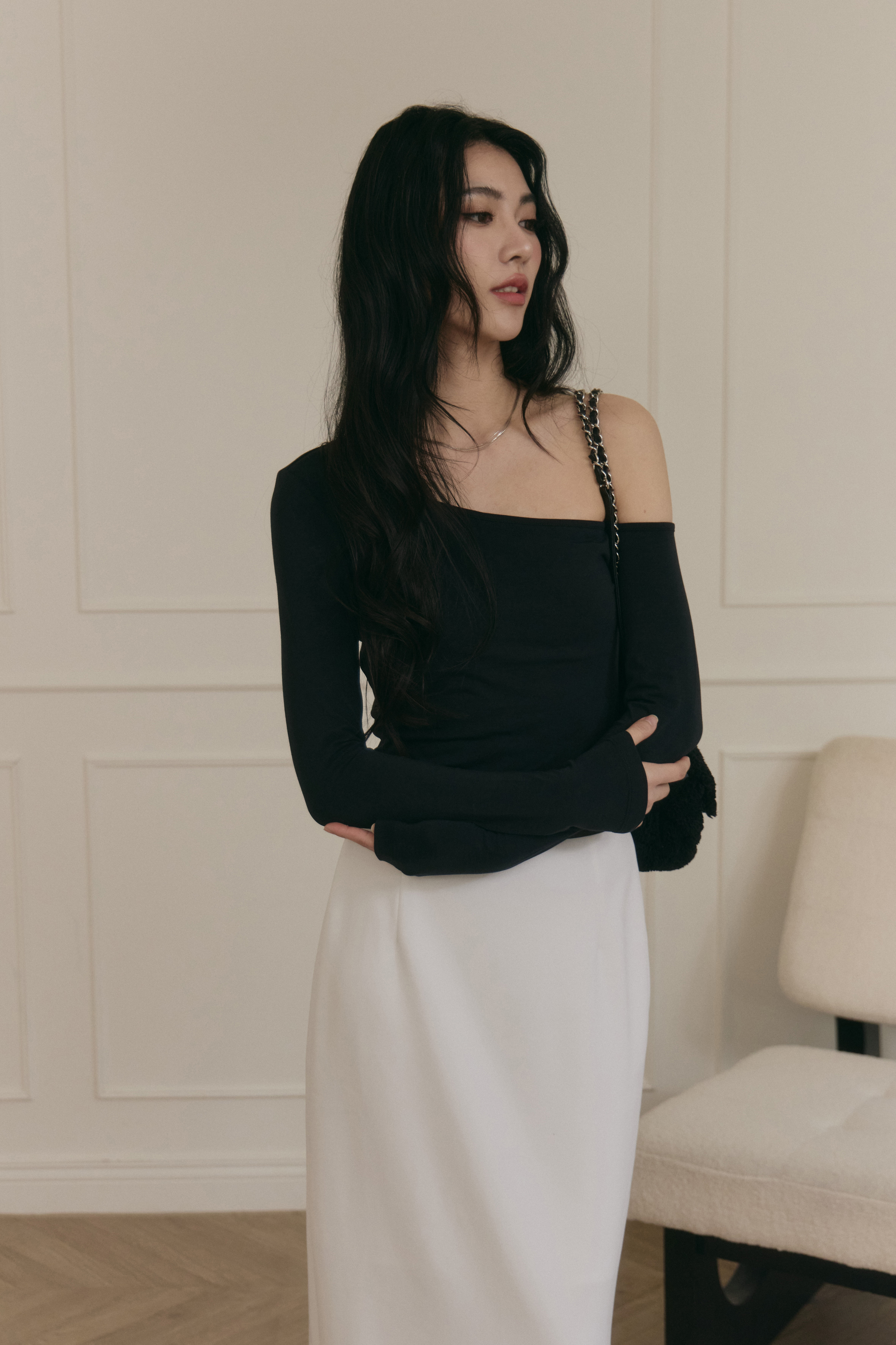 斜肩BRA TOP上衣- 黑