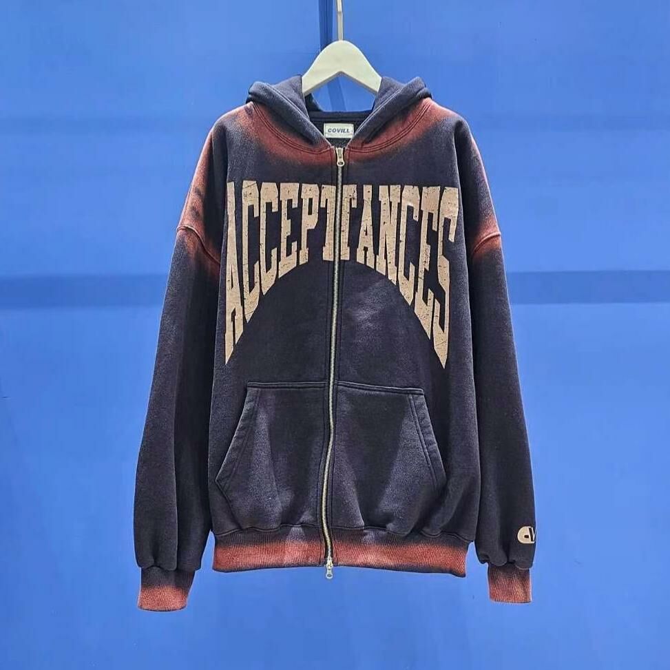 洗水拼色英文字連帽拉鍊外套(薄抓毛底) COVILL-155JK