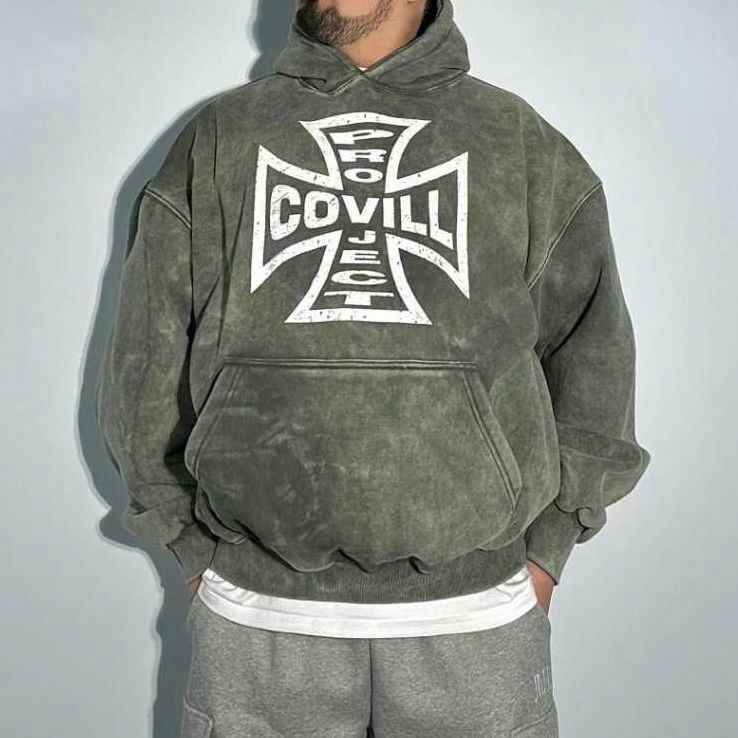 洗水英文字圖案連帽衛衣(薄抓毛底) COVILL-157T
