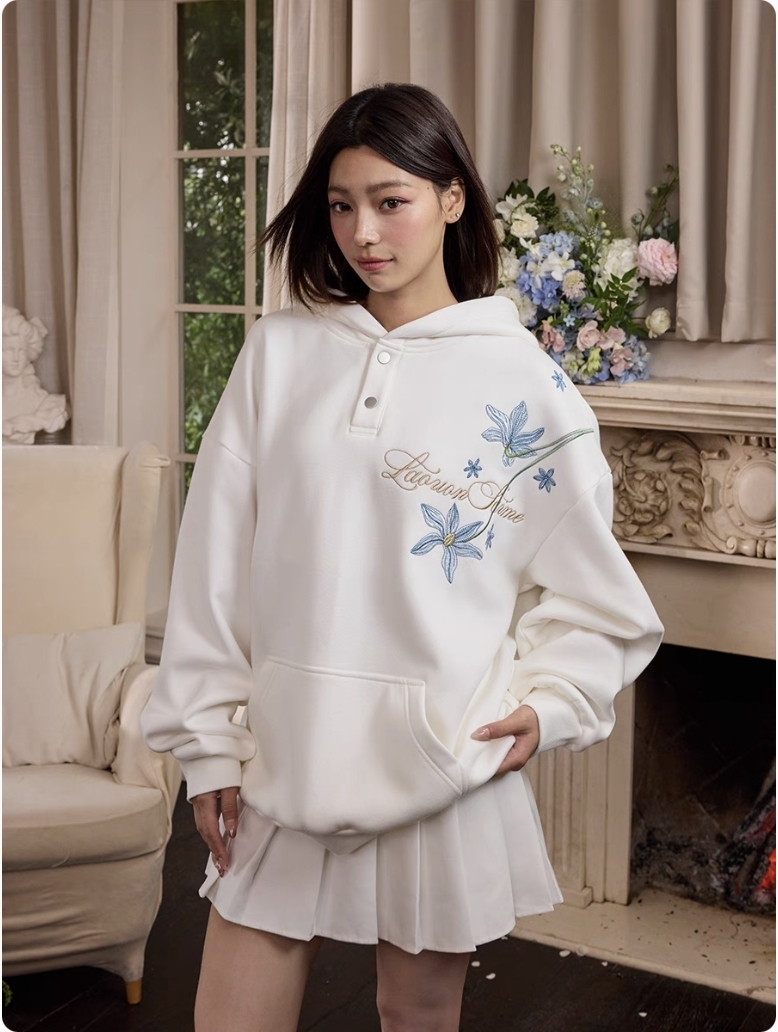 harsh and cruel 2025SS 新中式 過肩藍色花叢 花卉刺繡 帽T