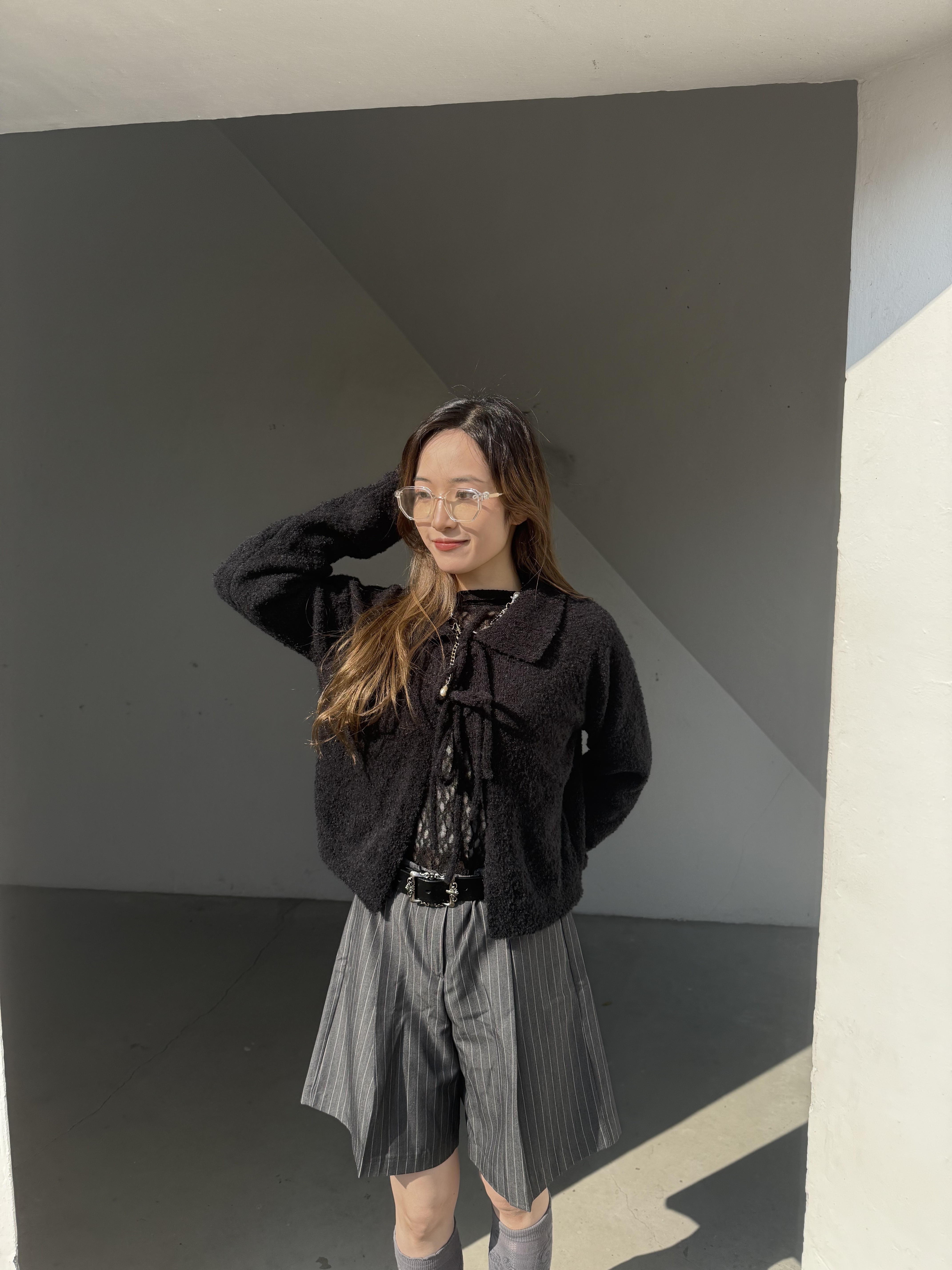 反領雙蝴蝶結毛粒TOP