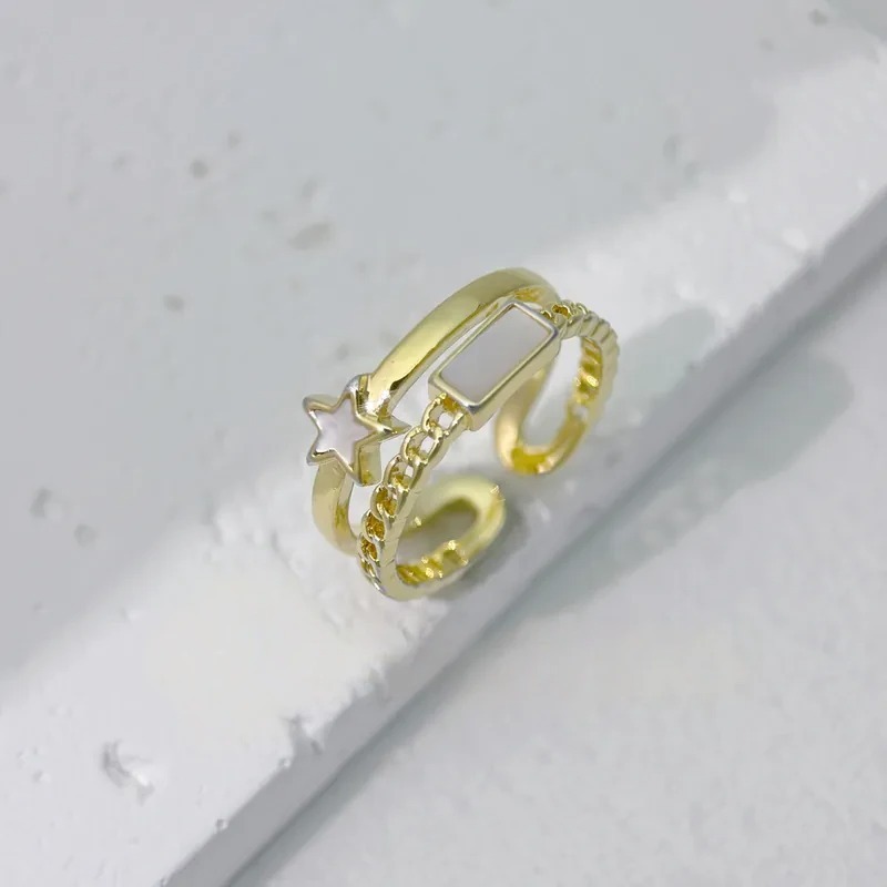 雙圈星星方塊母貝戒指
