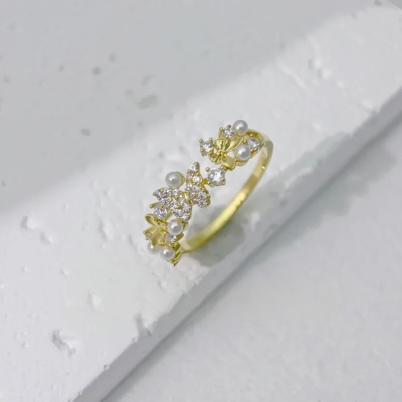 氣質珍珠蝴蝶碎鑽戒指