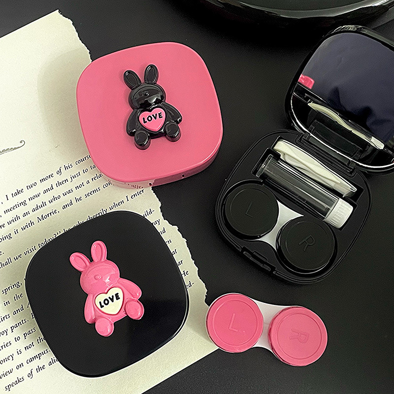 Magenta and Black Color-blocked Love Bunny Contact Lens Case