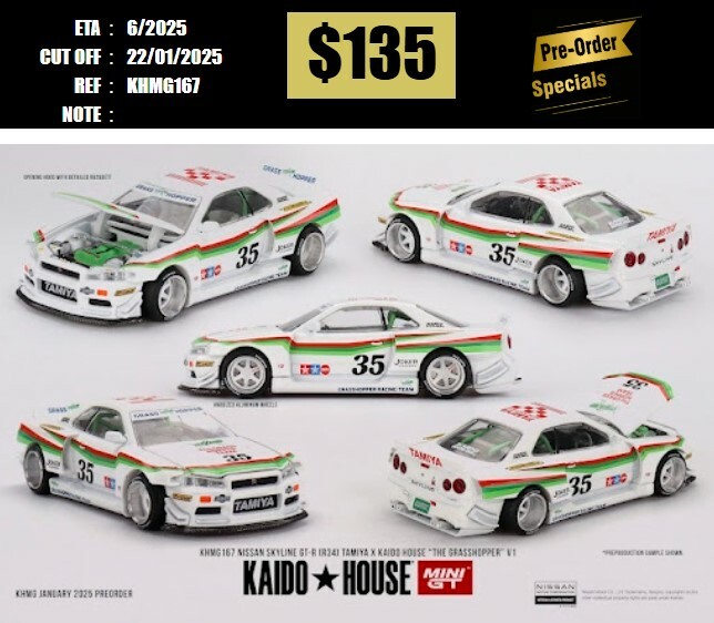 PO-$135 * MINI GT * 1:64 X KAIDO HOUSE KHMG167 Nissan Skyline GT-R (R34) TAMIYA x KAIDO HOUSE "The GRASSHOPPER" V1 [OD11/01]
