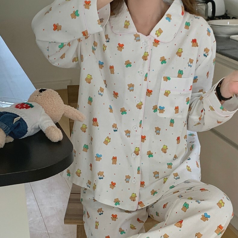 《5543》ins小熊粉色包邊長袖睡衣套裝