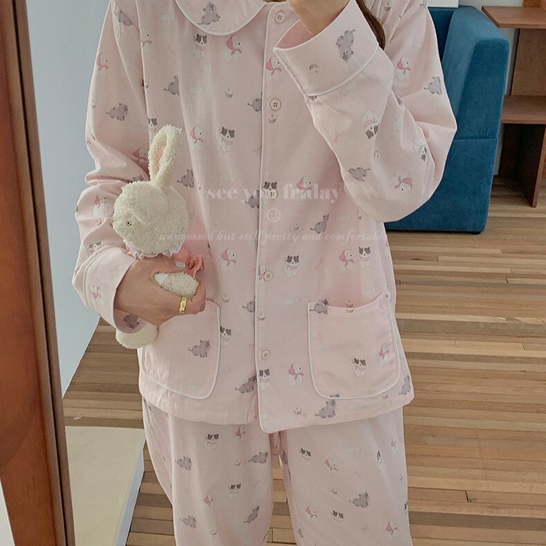 《5544》粉色卡通貓狗長袖睡衣套裝