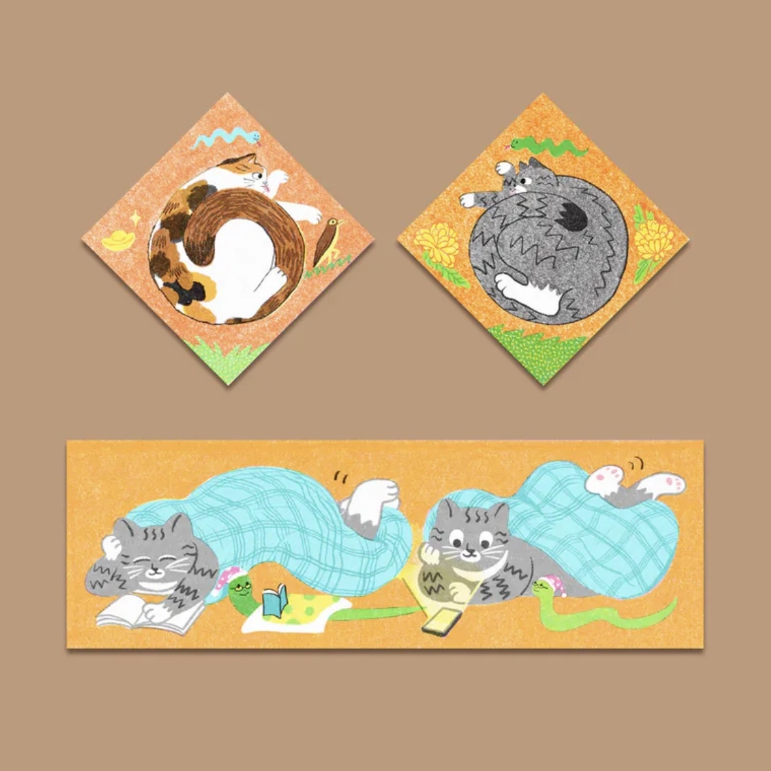 蛇年 吃飽睡好 3入斗方春聯組｜三貓俱樂部